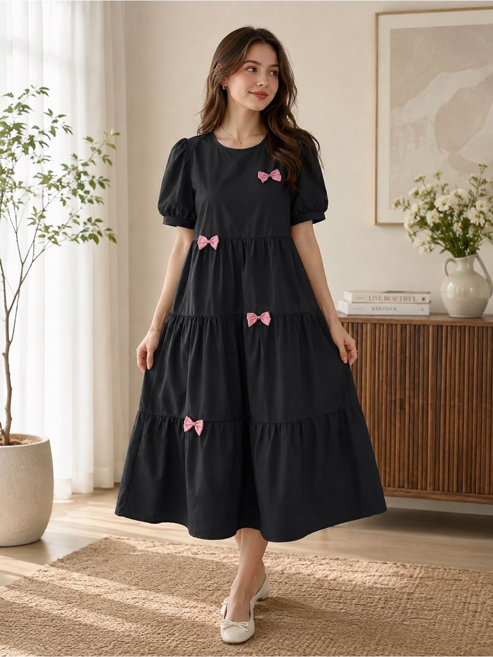 Dazy Black Tiered Midi Dress Pink Bow Puff Sleeve Cottagecore Size Large